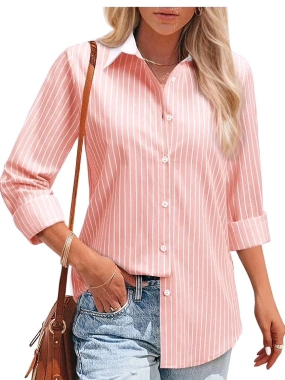 siliteelon Light Pink  Striped Button Down Shirts for Women Cotton Dress...